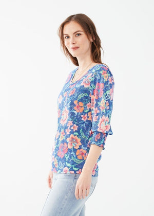Floral V-Neck Top With Smocked Cuffs