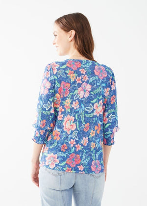 Floral V-Neck Top With Smocked Cuffs