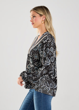 Patterned V-Neck Mixed Media Blouse