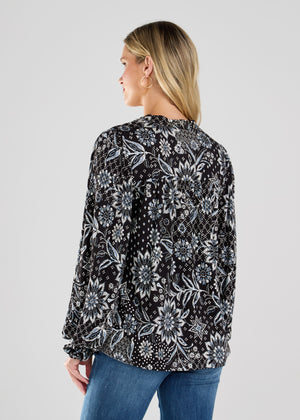 Patterned V-Neck Mixed Media Blouse