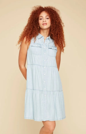 Open image in slideshow, Woven Tiered Chambray Tank Dress
