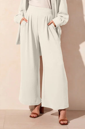 Stretch Woven Flowy Pants With Elastic Waist