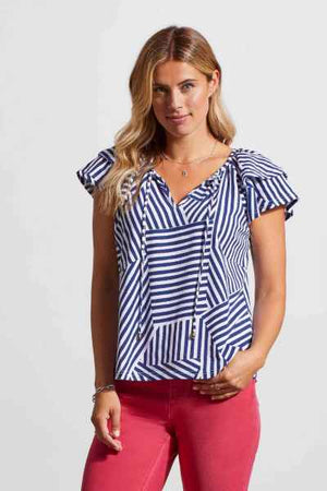 Open image in slideshow, Cotton Striped Frilled Cap Sleeve Top with Tie
